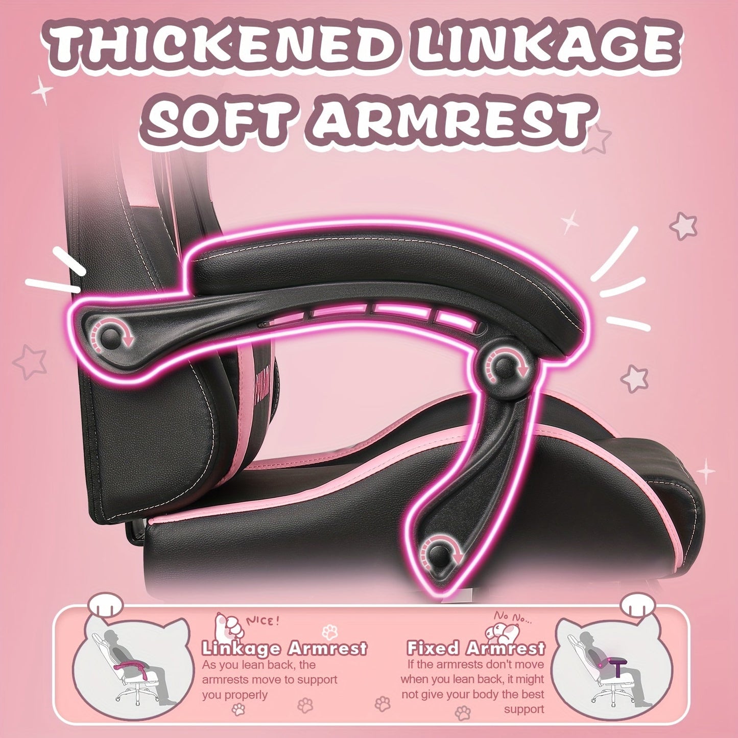 Ergonomic Faux Leather Gaming Chair with Cute Cat Ears, Black & Pink - Cozy Computer Chair with Lumbar Support & Footrest for Teens and Adults, Game Chair - SS69