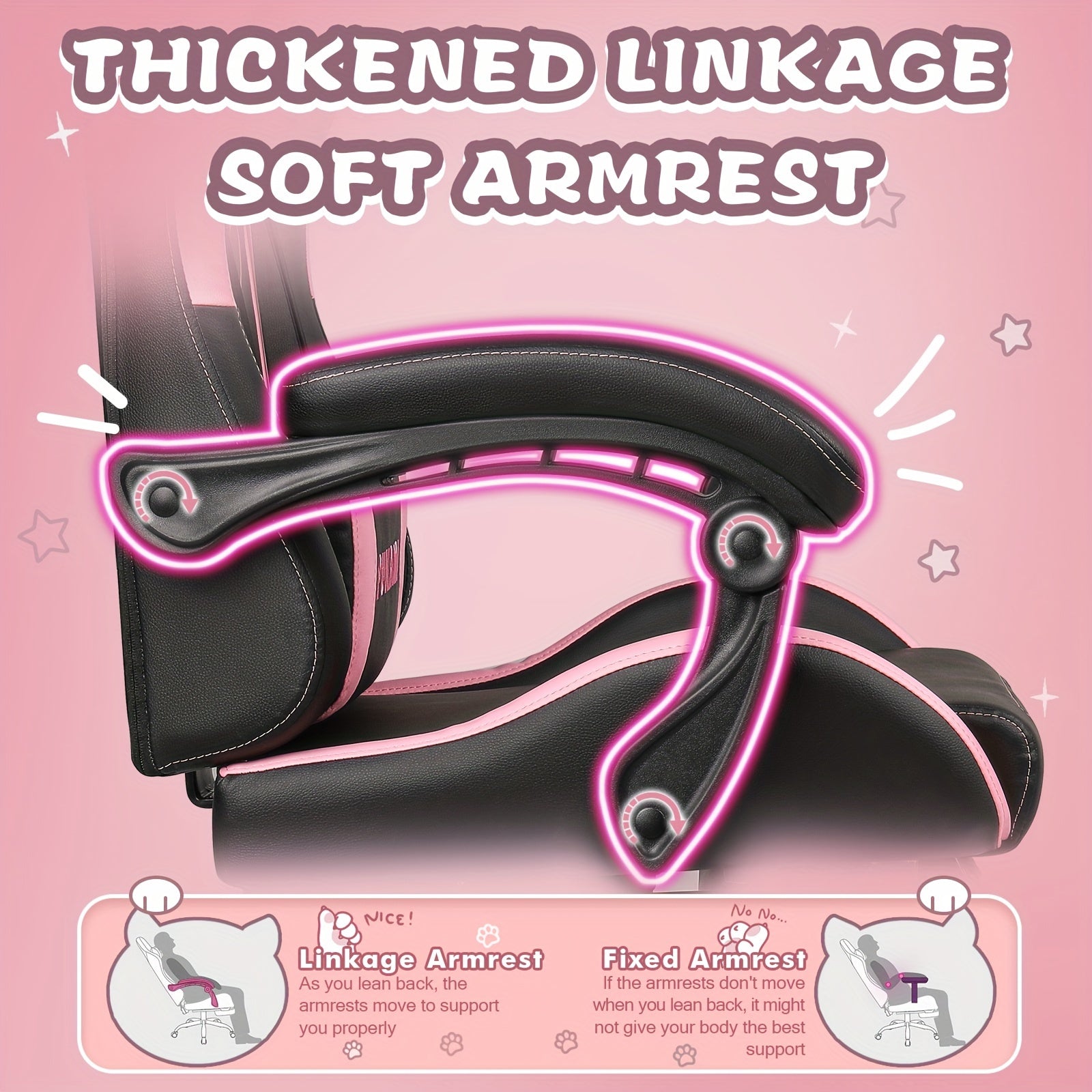 Ergonomic Faux Leather Gaming Chair with Cute Cat Ears, Black & Pink - Cozy Computer Chair with Lumbar Support & Footrest for Teens and Adults, Game Chair - SS69