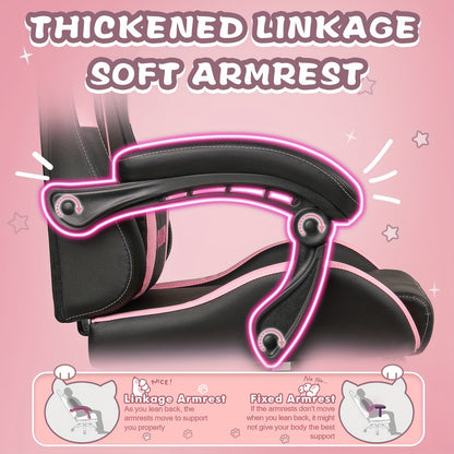 Ergonomic Faux Leather Gaming Chair with Cute Cat Ears, Black & Pink - Cozy Computer Chair with Lumbar Support & Footrest for Teens and Adults, Game Chair - SS69