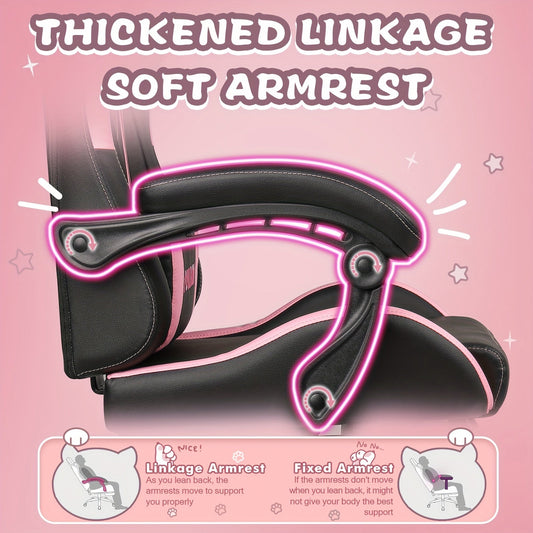 Ergonomic Faux Leather Gaming Chair with Cute Cat Ears, Black & Pink - Cozy Computer Chair with Lumbar Support & Footrest for Teens and Adults, Game Chair - SS69