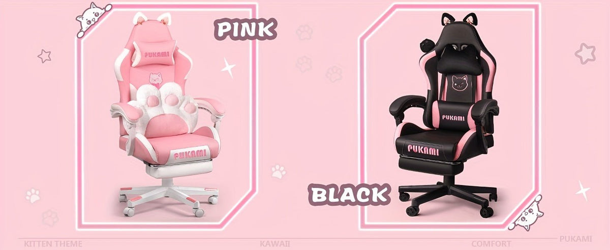 Ergonomic Faux Leather Gaming Chair with Cute Cat Ears, Black & Pink - Cozy Computer Chair with Lumbar Support & Footrest for Teens and Adults, Game Chair - SS69