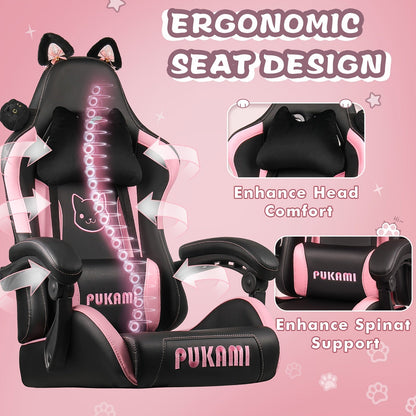 Ergonomic Faux Leather Gaming Chair with Cute Cat Ears, Black & Pink - Cozy Computer Chair with Lumbar Support & Footrest for Teens and Adults, Game Chair - SS69