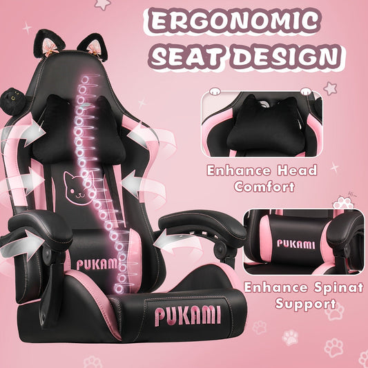 Ergonomic Faux Leather Gaming Chair with Cute Cat Ears, Black & Pink - Cozy Computer Chair with Lumbar Support & Footrest for Teens and Adults, Game Chair - SS69