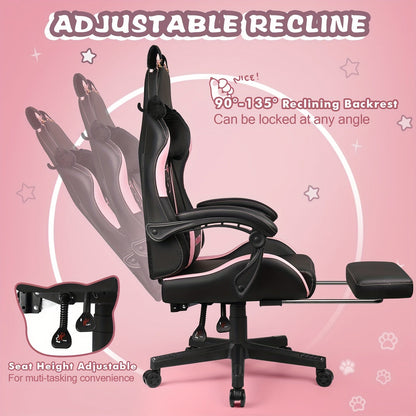 Ergonomic Faux Leather Gaming Chair with Cute Cat Ears, Black & Pink - Cozy Computer Chair with Lumbar Support & Footrest for Teens and Adults, Game Chair - SS69