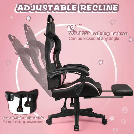 Ergonomic Faux Leather Gaming Chair with Cute Cat Ears, Black & Pink - Cozy Computer Chair with Lumbar Support & Footrest for Teens and Adults, Game Chair - SS69