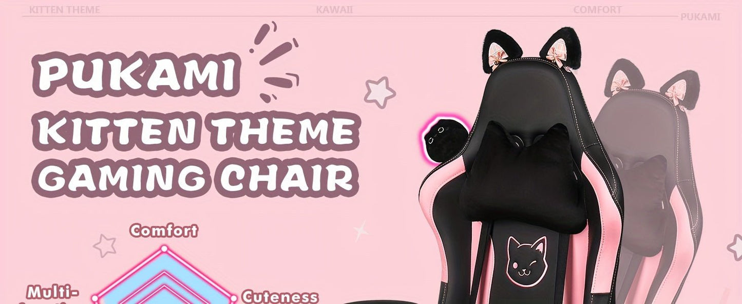 Ergonomic Faux Leather Gaming Chair with Cute Cat Ears, Black & Pink - Cozy Computer Chair with Lumbar Support & Footrest for Teens and Adults, Game Chair - SS69