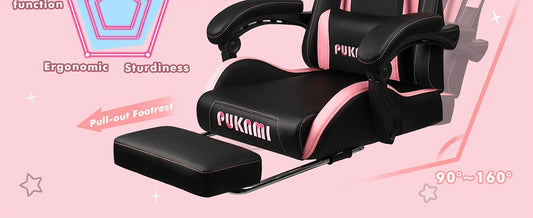 Ergonomic Faux Leather Gaming Chair with Cute Cat Ears, Black & Pink - Cozy Computer Chair with Lumbar Support & Footrest for Teens and Adults, Game Chair - SS69