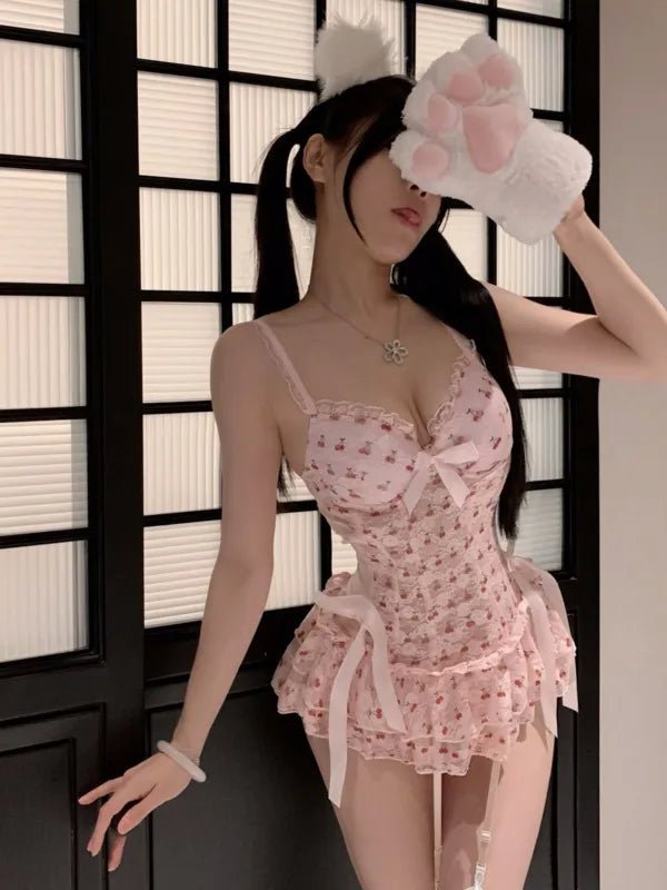 Exotic Summer Fashion Women's Clothing 2024 New Sweet and Cute Girl Style Bow Decoration Cherry Print Lace Elegant Dress LLV3 - SS69