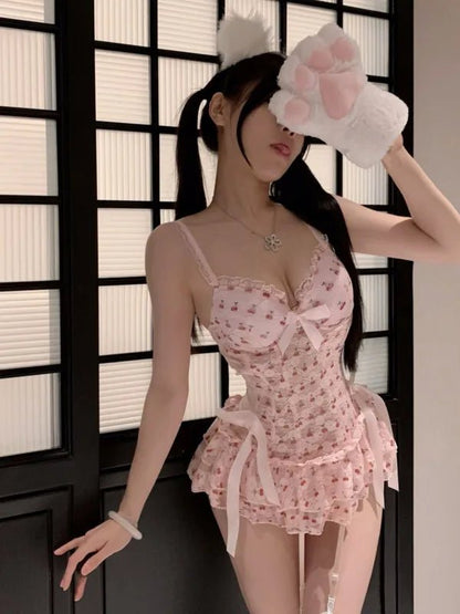Exotic Summer Fashion Women's Clothing 2024 New Sweet and Cute Girl Style Bow Decoration Cherry Print Lace Elegant Dress LLV3 - SS69