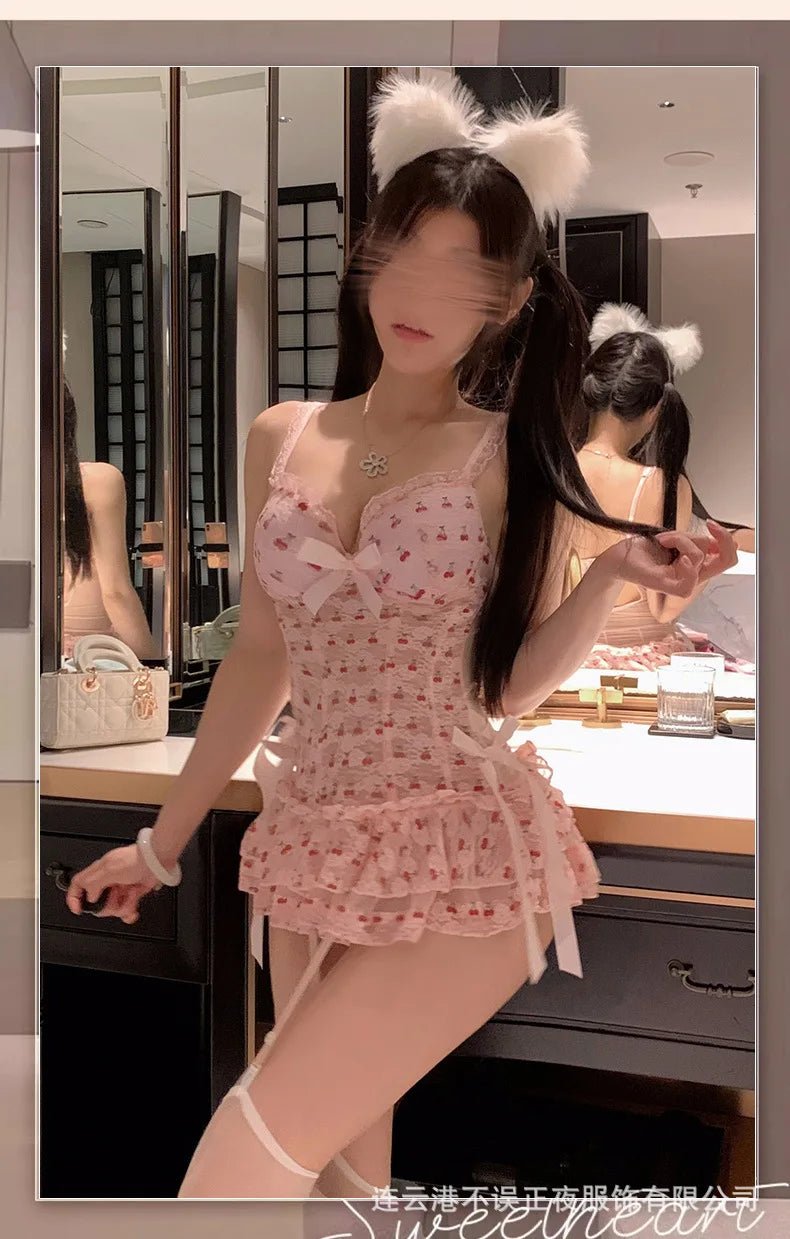 Exotic Summer Fashion Women's Clothing 2024 New Sweet and Cute Girl Style Bow Decoration Cherry Print Lace Elegant Dress LLV3 - SS69