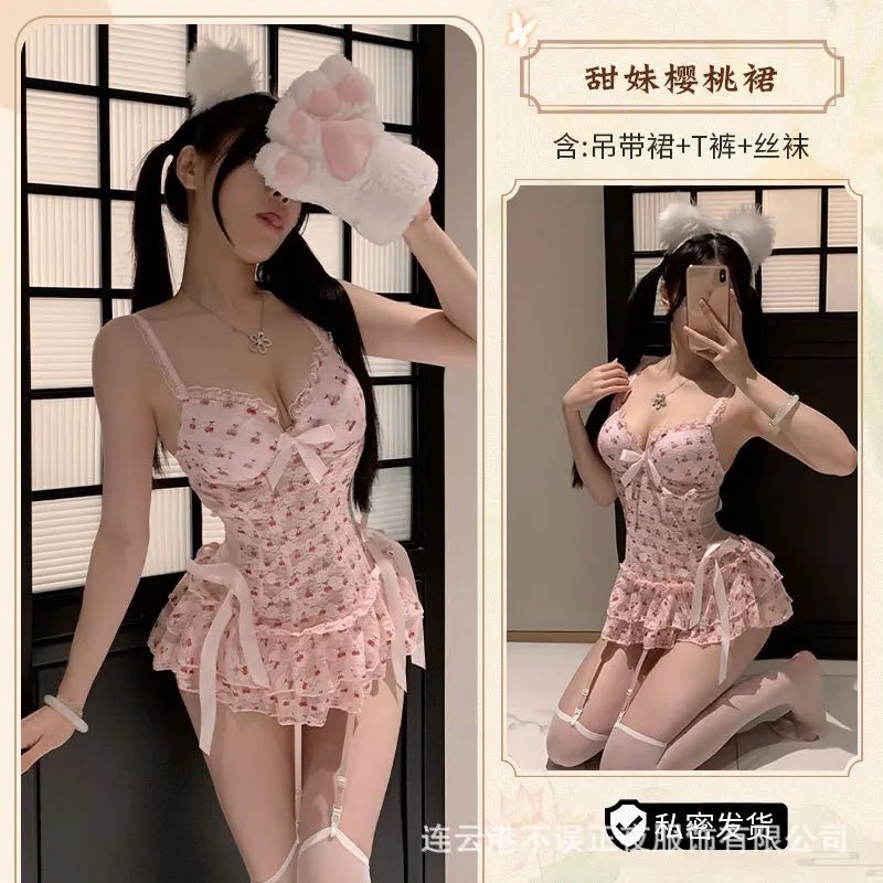 Exotic Summer Fashion Women's Clothing 2024 New Sweet and Cute Girl Style Bow Decoration Cherry Print Lace Elegant Dress LLV3 - SS69