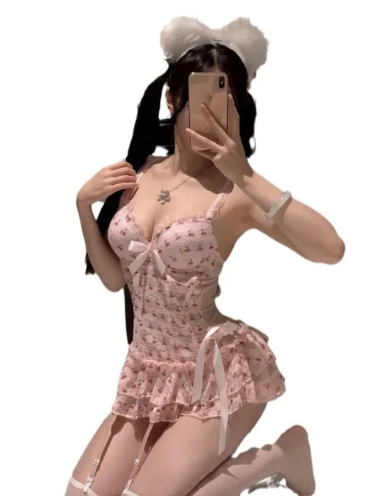 Exotic Summer Fashion Women's Clothing 2024 New Sweet and Cute Girl Style Bow Decoration Cherry Print Lace Elegant Dress LLV3 - SS69