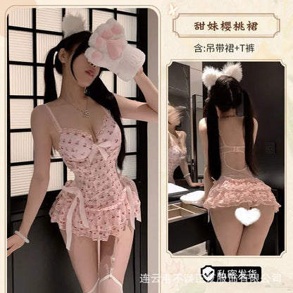 Exotic Summer Fashion Women's Clothing 2024 New Sweet and Cute Girl Style Bow Decoration Cherry Print Lace Elegant Dress LLV3 - SS69