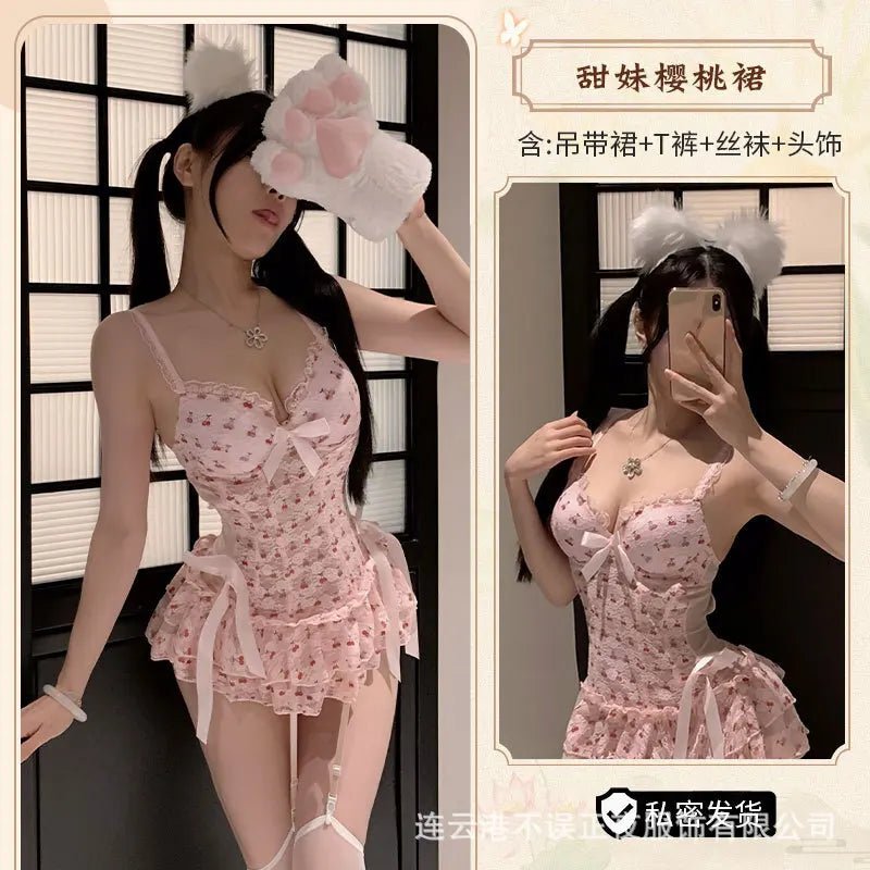 Exotic Summer Fashion Women's Clothing 2024 New Sweet and Cute Girl Style Bow Decoration Cherry Print Lace Elegant Dress LLV3 - SS69