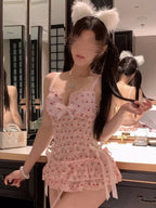 Exotic Summer Fashion Women's Clothing 2024 New Sweet and Cute Girl Style Bow Decoration Cherry Print Lace Elegant Dress LLV3 - SS69