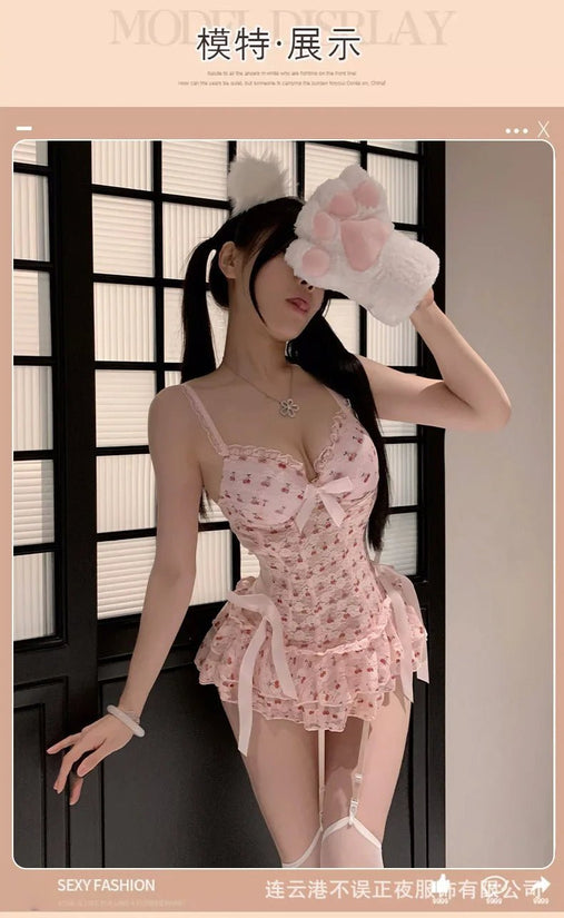 Exotic Summer Fashion Women's Clothing 2024 New Sweet and Cute Girl Style Bow Decoration Cherry Print Lace Elegant Dress LLV3 - SS69
