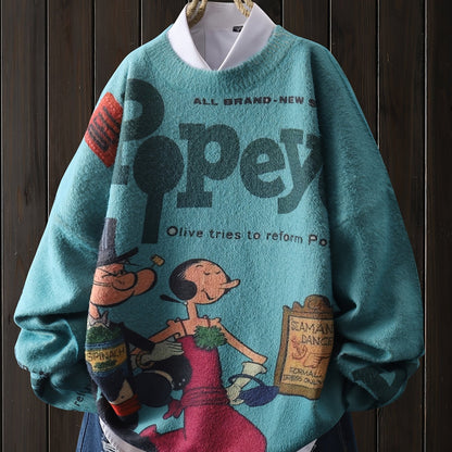 [Cartoon Sailor Graphic Sweater] Elegant Cartoon Sailor Graphic Mink Fleece Knit Sweater - Crew Neck Long Sleeve Pullover for Women, Machine Washable, Big Pattern, Casual - SS69