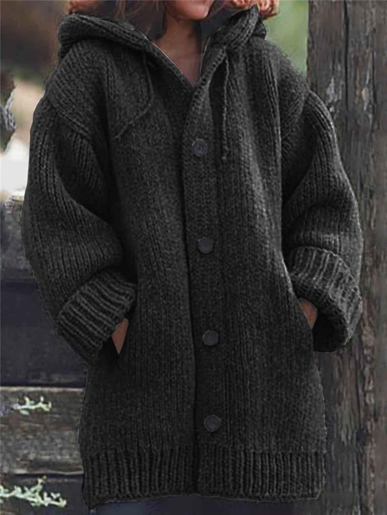 Plus Size, Plus Size Elegant Hooded Cardigan Jacket - 100% Winter Sweater Coat with Front Button Closure, Hooded Long Sweater Jacket Suitable for Fall/Winter, Brown/Navy/Red - Casual & Formal Wear, Machine Washable Cozy Outer