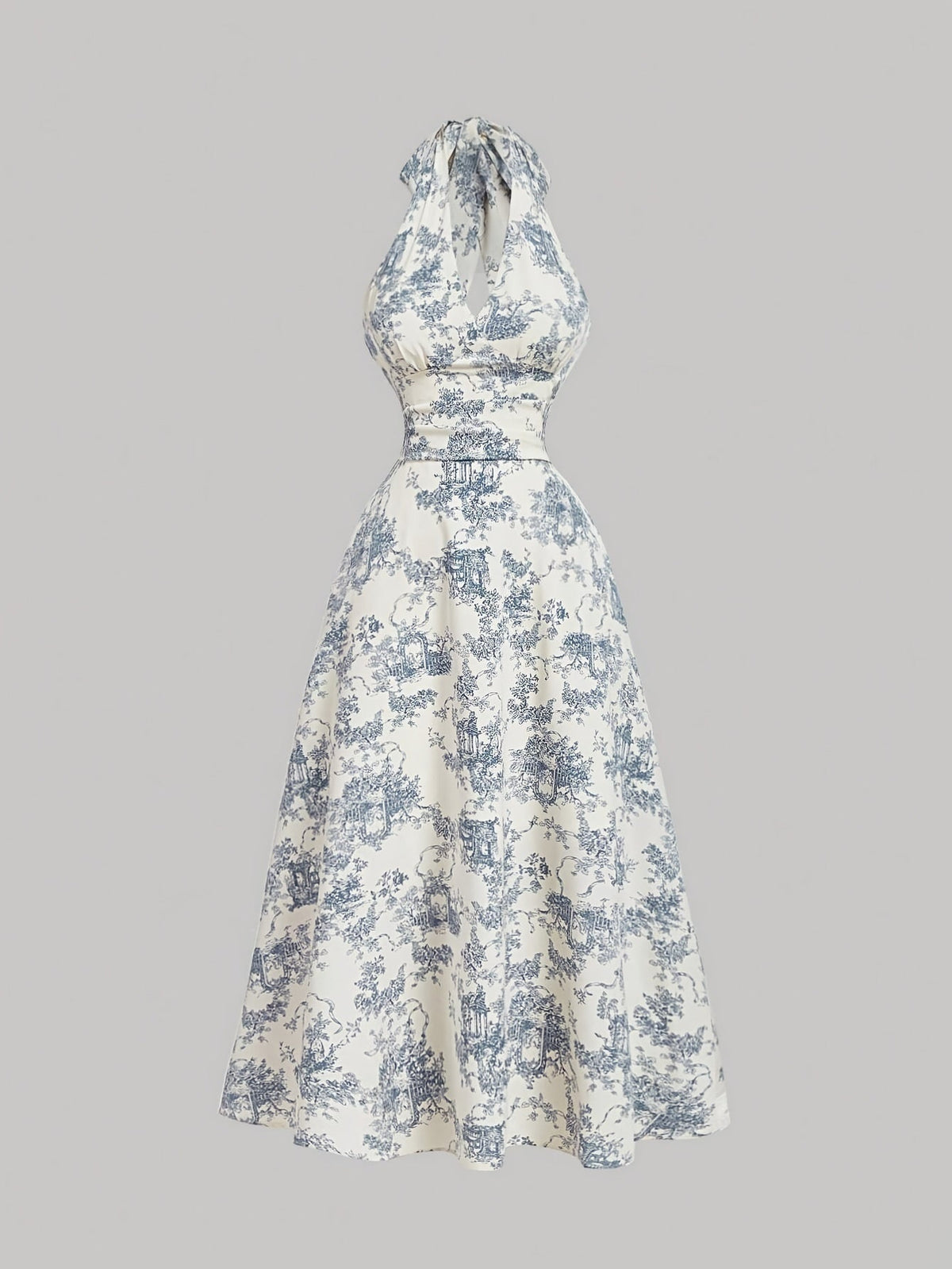 [Print Vintage Dress] Vintage Blue Floral Print Women's Dress - Halter Neck, Backless, A-Line, Long, Ruffled Detail - Semi-Sheer Polyester, Machine Washable SS69