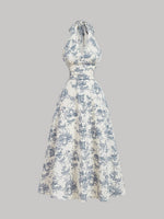 [Print Vintage Dress] Vintage Blue Floral Print Women's Dress - Halter Neck, Backless, A-Line, Long, Ruffled Detail - Semi-Sheer Polyester, Machine Washable SS69