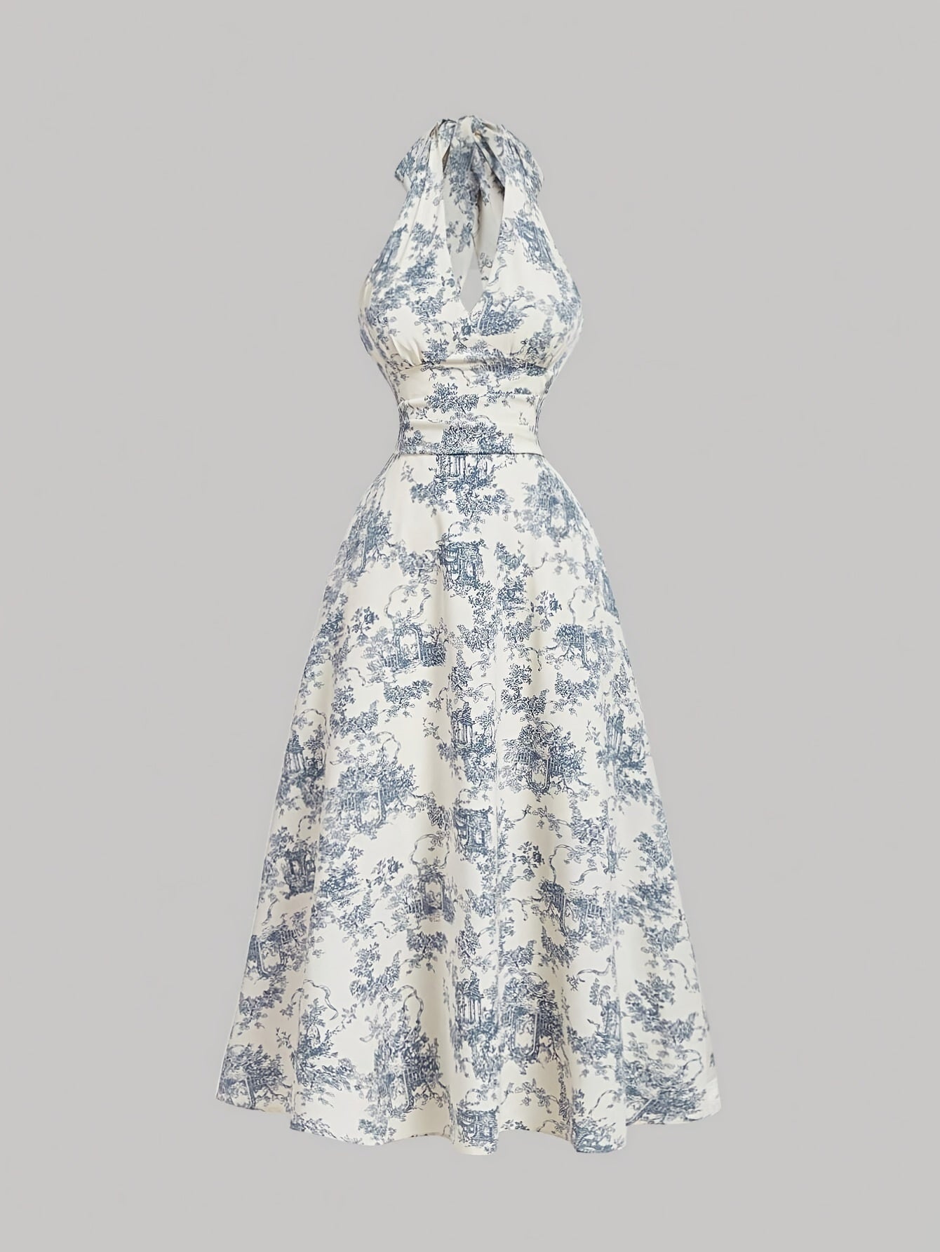 [Print Vintage Dress] Vintage Blue Floral Print Women's Dress - Halter Neck, Backless, A-Line, Long, Ruffled Detail - Semi-Sheer Polyester, Machine Washable SS69