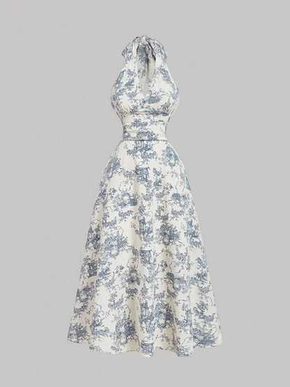 [Print Vintage Dress] Vintage Blue Floral Print Women's Dress - Halter Neck, Backless, A-Line, Long, Ruffled Detail - Semi-Sheer Polyester, Machine Washable SS69