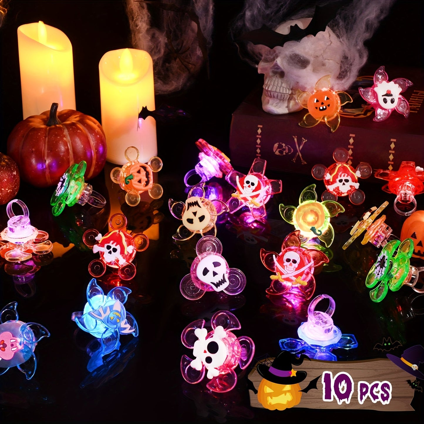 10/20/50pcs Ghost Fashion Halloween Glowing Ring, Pumpkin Skull Spider Web Bat Design, Horror Prop Supplies, Halloween Decoration, Festival Ring Design, Gift, Ring Packs. SS69 11.69 Rotating and glowing / 10pcs