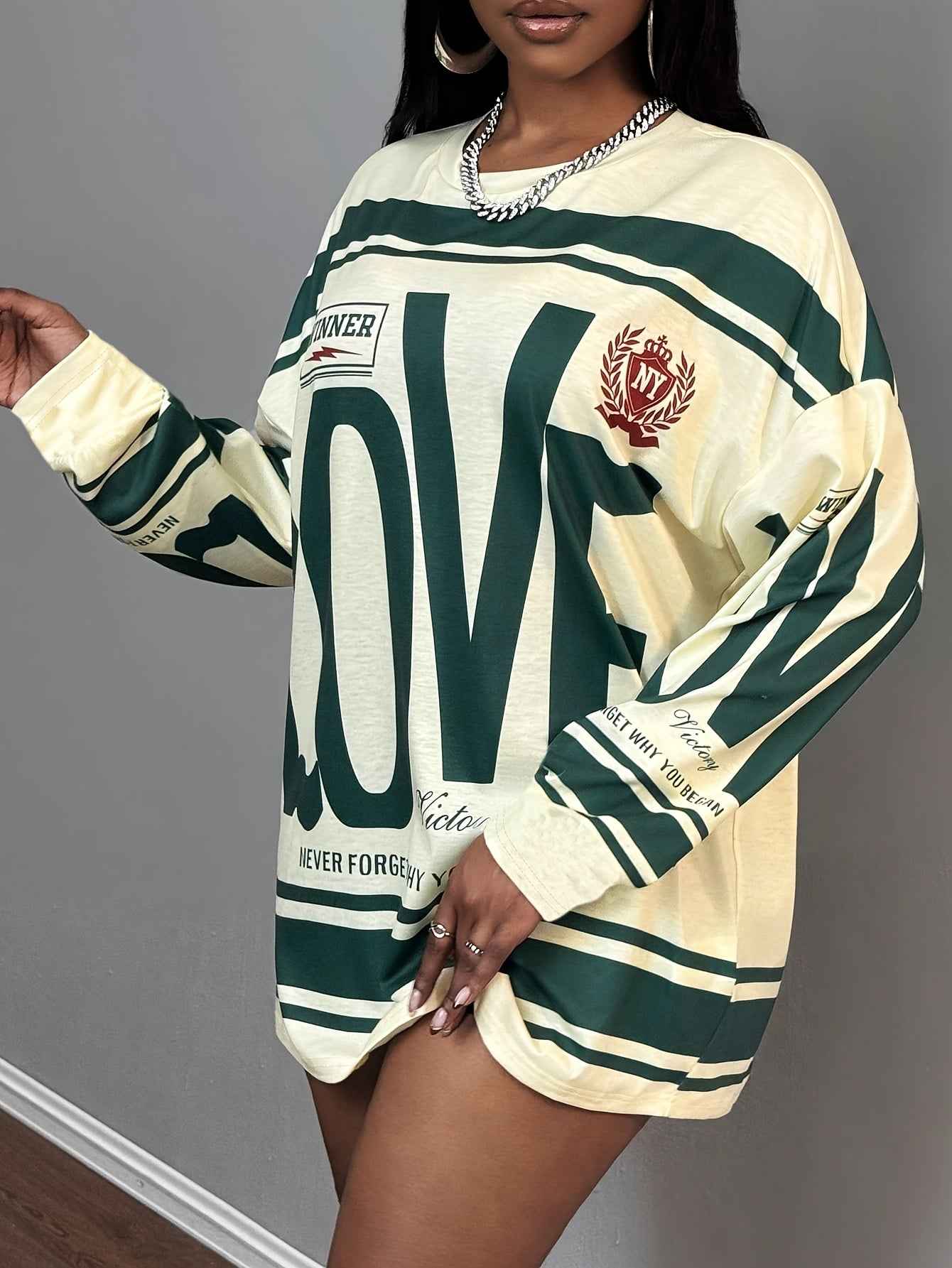 Plus Size - Plus Size - Plus Size - Plus Size - Plus Size Women'S Oversized "LOVE" Letter Print Long Sleeve T-Shirt - Casual Streetwear Style with Pink & Stripes, Comfortable Fabric For All Seasons, Versatile Fashion Top, Plu