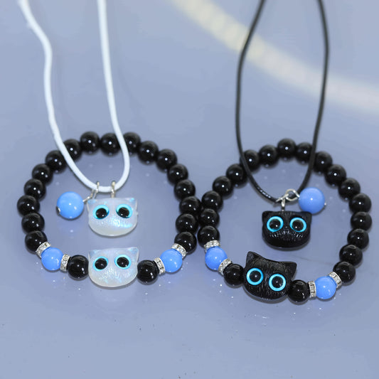 4pcs Light Up Cat Bead Bracelet + Multi-Layer Necklace, Vintage Cute Couple/ Friendship Light Up Adjustable Jewelry, Stretchy Black Bead Bracelet with Cat Decoration, Halloween/ Back-to-School Season SS69