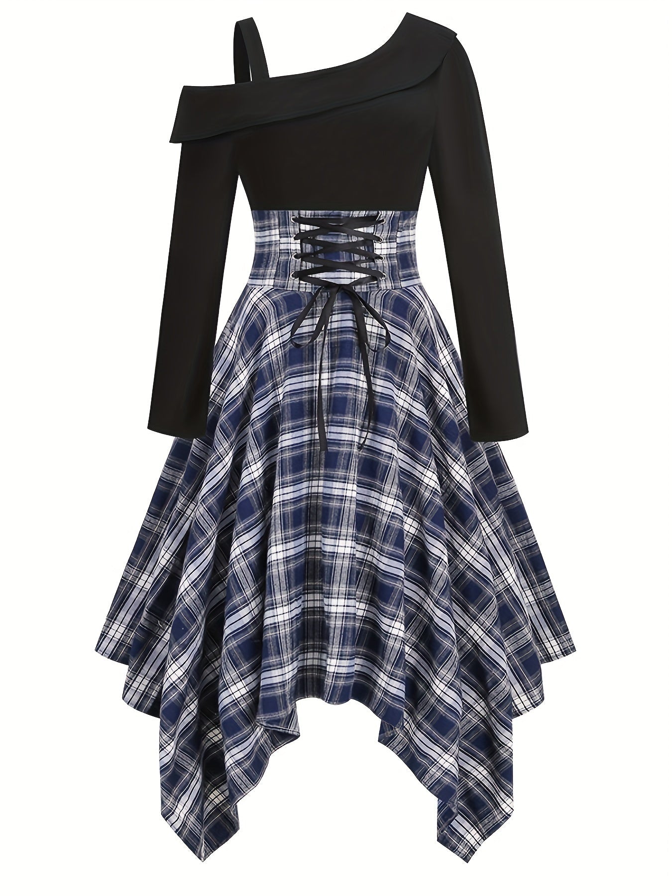 Vintage-Inspired Plaid Cocktail Dress - Fitted, Asymmetrical Neckline, Single Shoulder Strap Polyester Knit Fabric Dress for All-Season Wear SS69