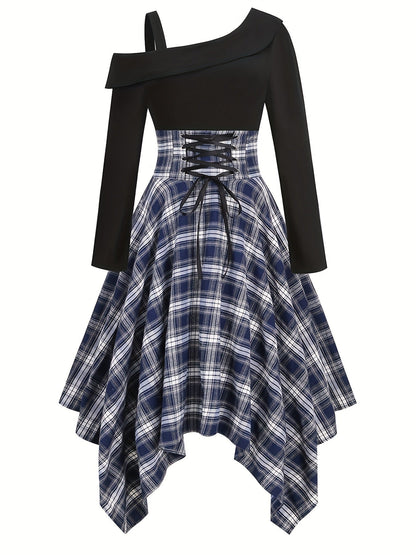 Vintage-Inspired Plaid Cocktail Dress - Fitted, Asymmetrical Neckline, Single Shoulder Strap Polyester Knit Fabric Dress for All-Season Wear SS69