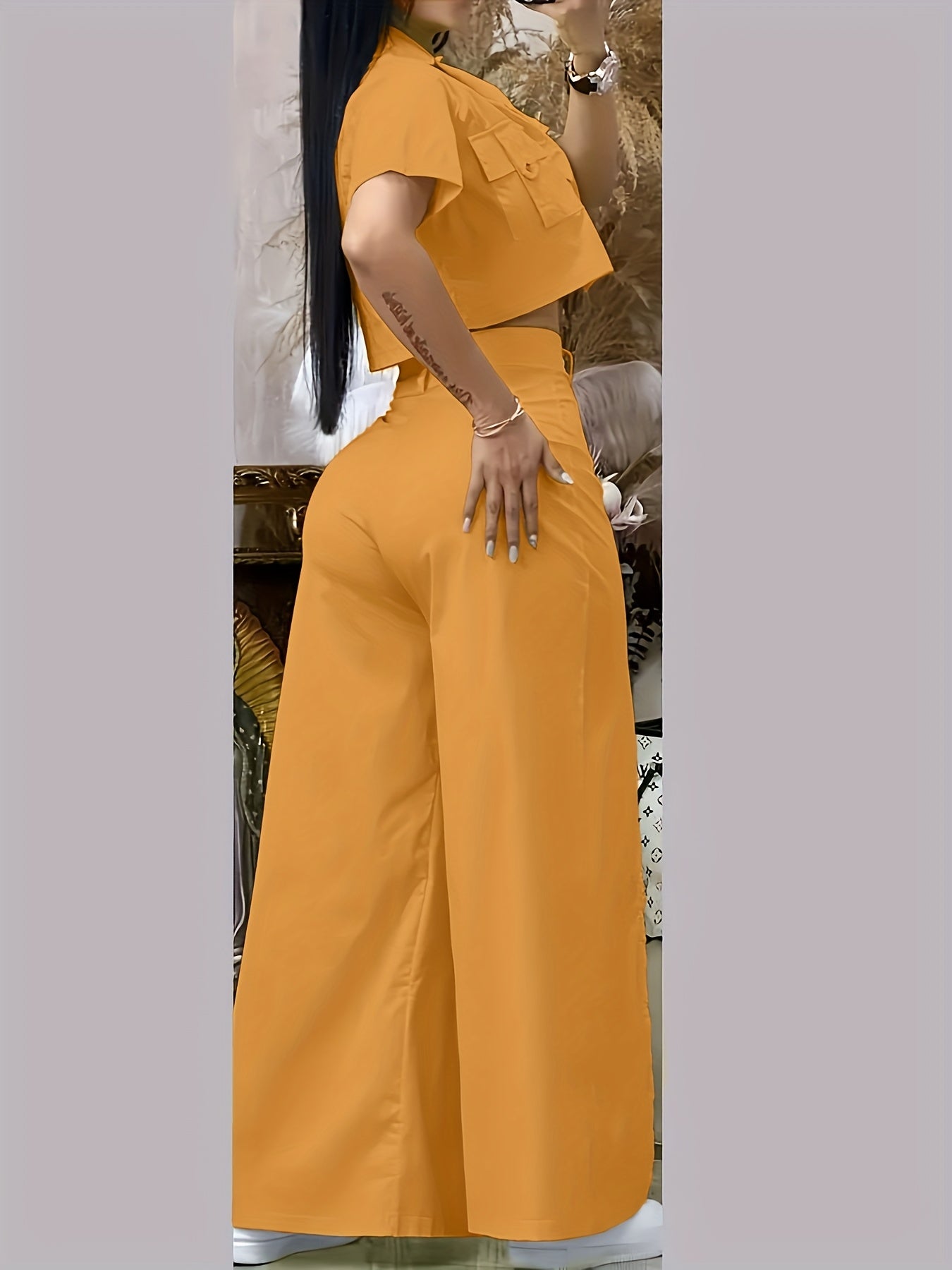 Women's Vibrant Yellow Casual Two-Piece Set: Short Sleeve Button-Up Shirt & High-Waist Wide-Leg Pants with Thigh-High Slit - Polyester, Machine Washable SS69