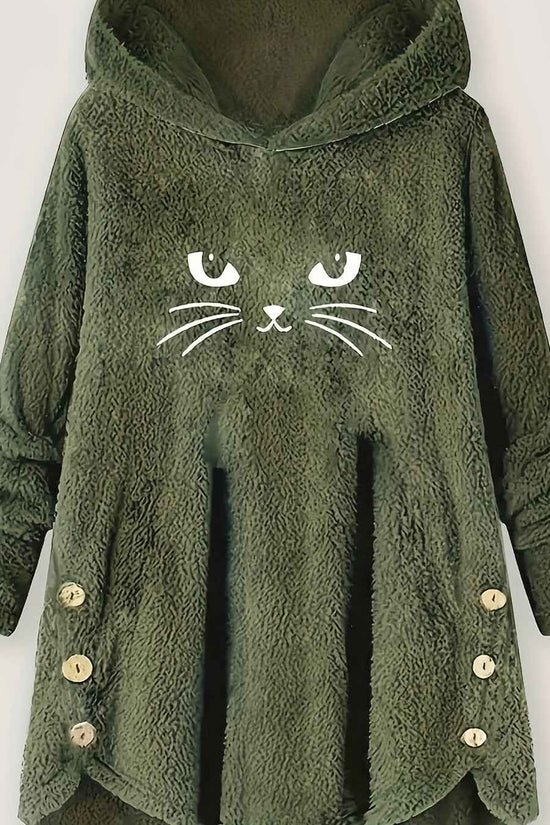 Plus Size, Women's Plus Size Cat Print Button Detail Hem Plush Casual Long Sleeve Hooded Sweatshirt