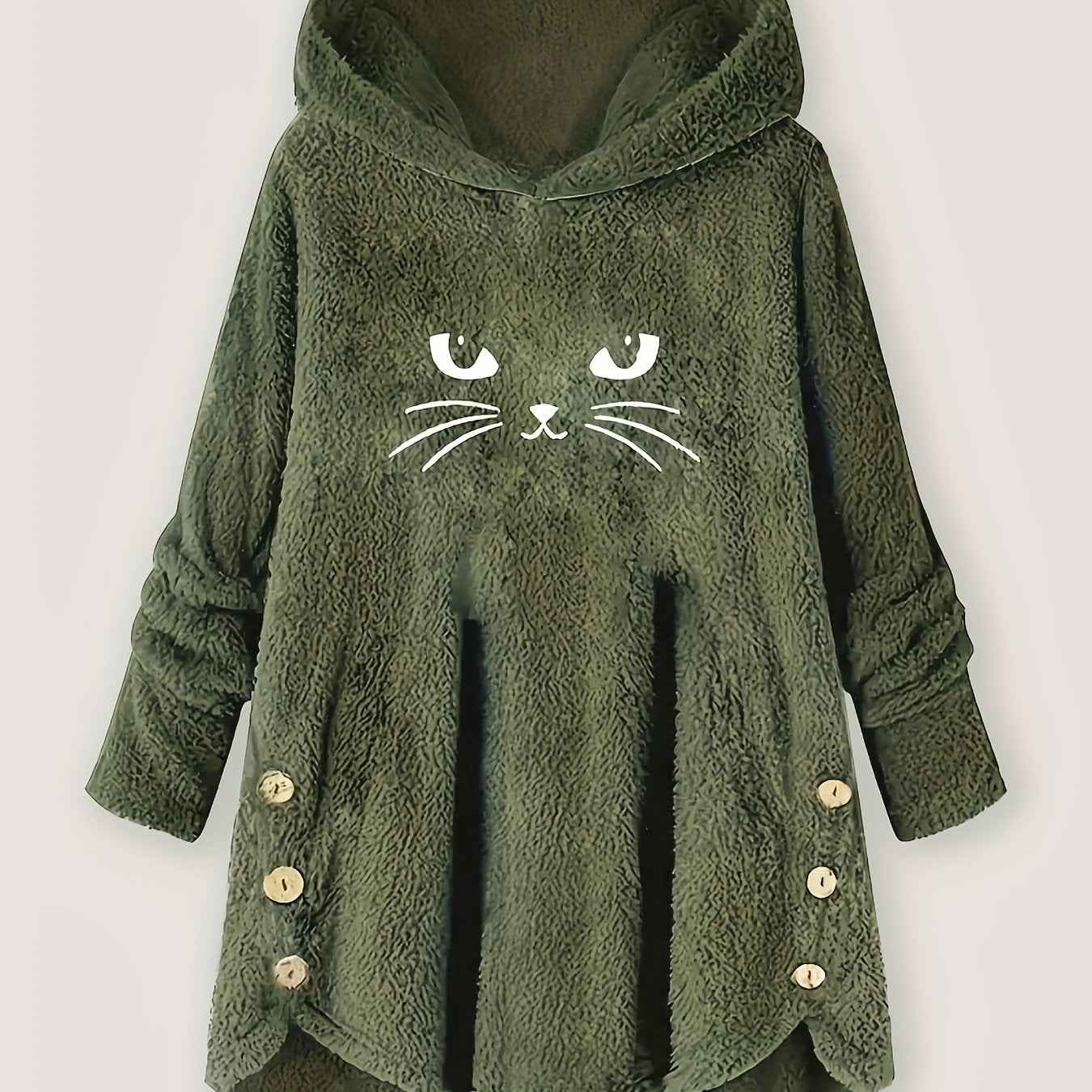 Plus Size, Women's Plus Size Cat Print Button Detail Hem Plush Casual Long Sleeve Hooded Sweatshirt