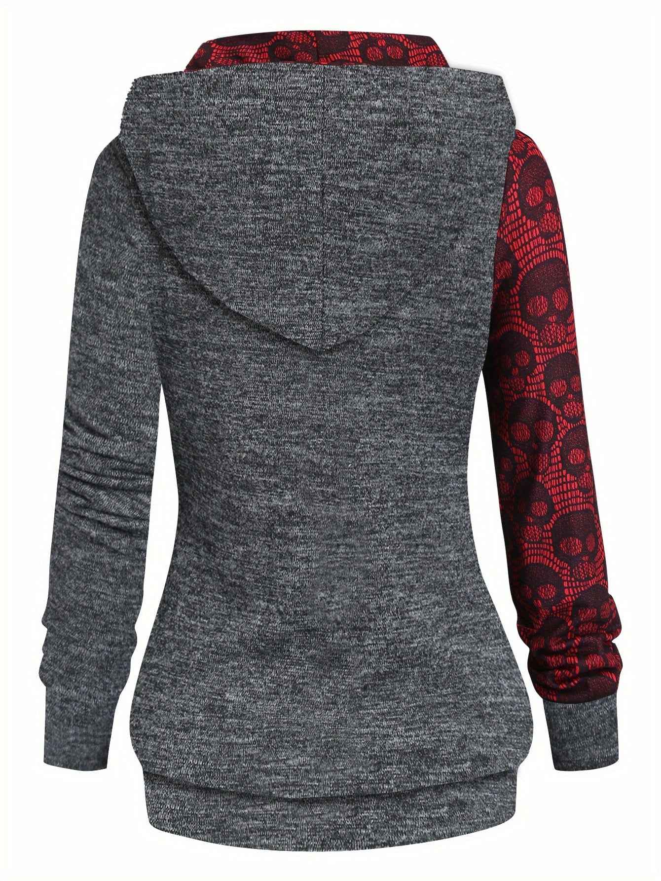 Women's Gothic Retro Skull & Lace-like Hooded Sweater - Black & White Color-Block Long Sleeve with Metal Grommet Eyelets, Slim-Fit Winter Warm Pullover, Machine Washable for Casual & Costume Outfits