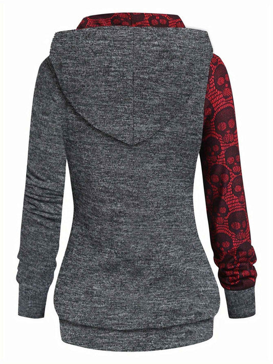 Women's Gothic Retro Skull & Lace-like Hooded Sweater - Black & White Color-Block Long Sleeve with Metal Grommet Eyelets, Slim-Fit Winter Warm Pullover, Machine Washable for Casual & Costume Outfits