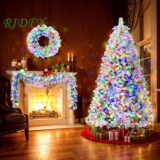 RIDFY 6FT Snow Flocked Christmas Tree, Pre-Lit Set with Tree & Garland & Wreath, Artificial Hinged Xmas Tree with Colorful LED Lights, 8 Lighting Modes, Pine Cones, Holiday Decor for Home SS69