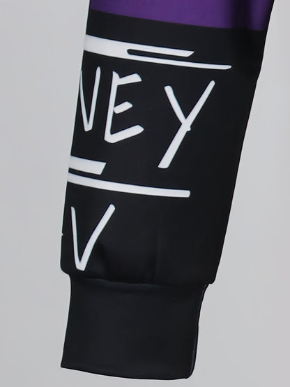 Women's Fashion Color Block Crew Neck Sweatshirt with Alphabet Print, Polyester 95% Spandex 5% Knit Fabric, Regular Fit Pullover with Drawstring Detail for All Seasons SS69