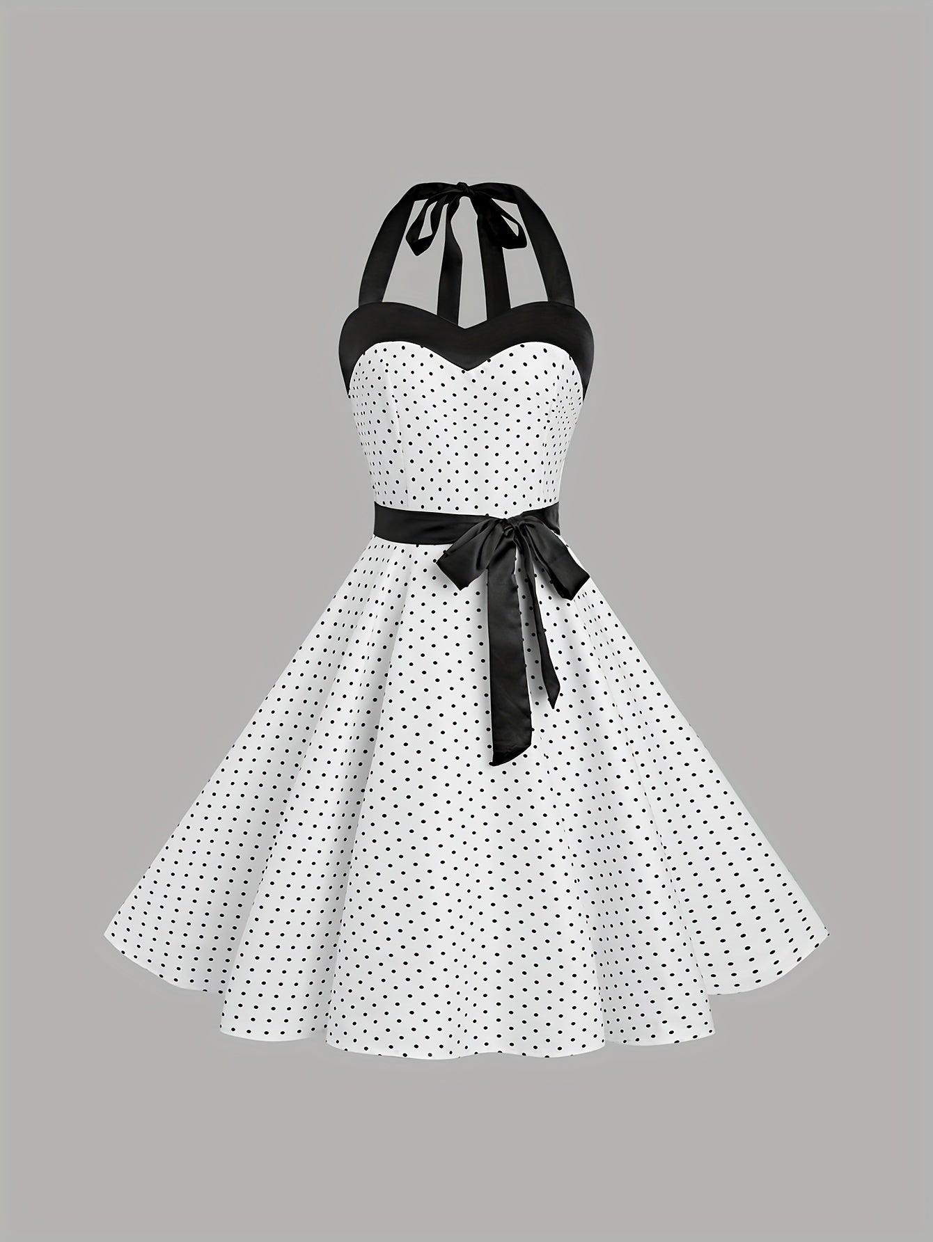 Elegant Retro Polka Dot Dress for Women with Ribbon Waist - Halter Neck, A-Line Skirt, Machine Washable, Polyester - Black & White, Perfect for Spring/Summer/Fall Events SS69