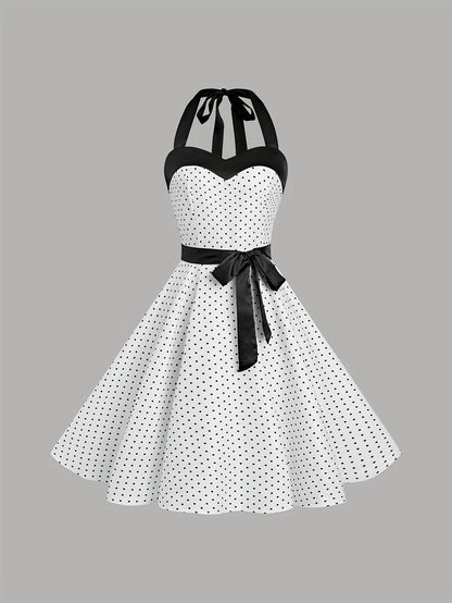 Elegant Retro Polka Dot Dress for Women with Ribbon Waist - Halter Neck, A-Line Skirt, Machine Washable, Polyester - Black & White, Perfect for Spring/Summer/Fall Events SS69