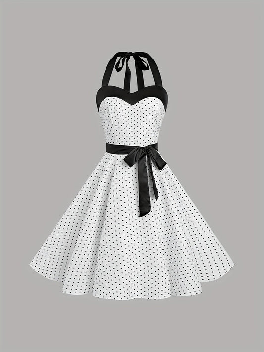 Elegant Retro Polka Dot Dress for Women with Ribbon Waist - Halter Neck, A-Line Skirt, Machine Washable, Polyester - Black & White, Perfect for Spring/Summer/Fall Events SS69
