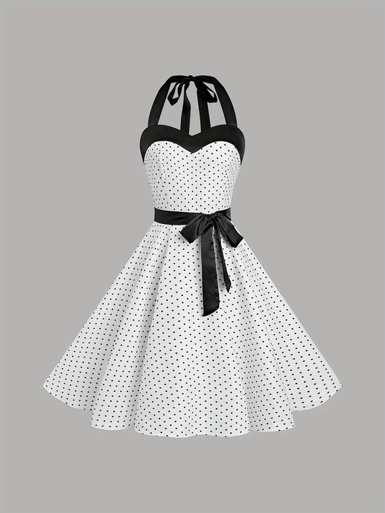 Elegant Retro Polka Dot Dress for Women with Ribbon Waist - Halter Neck, A-Line Skirt, Machine Washable, Polyester - Black & White, Perfect for Spring/Summer/Fall Events SS69