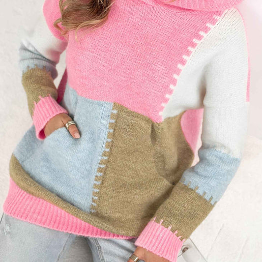 Plus Size Women's Elegant Hooded Sweater • Pastel Pink & Yellow Colorblock Long Sleeve Pullover • Cozy Front Pocket Fall/Winter Sweater • Everyday & Formal Outfits • Cute Casual Winter Wear • Durable Colorblock Desi