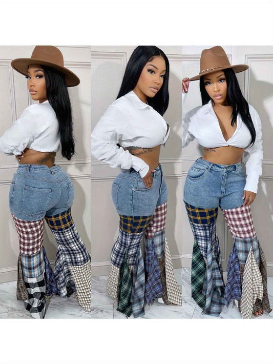 Denim Trousers for Women with a Houndstooth Pattern, Featuring Flared Legs And Ruffles.