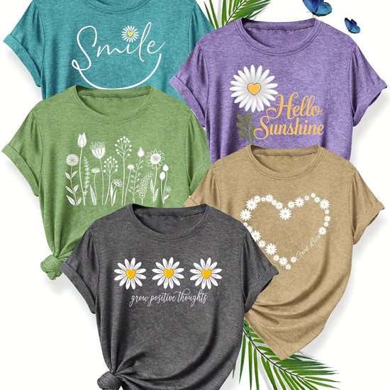 5pcs Women'S Casual Crew Neck Short Sleeve T-Shirts - Floral, Heart, and Smile Print Designs in Purple, Green, Pink, and Blue - Soft Stretch Fabric for Spring, Summer, and Fall, Plus Sizes Available, Plus Size Tee | Floral Pr SS69 47.69 Mixed Color / XXL
