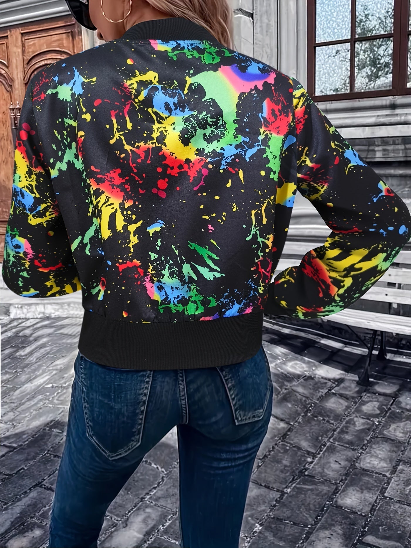 Casual Graffiti Print Long Sleeve - Bomber Jacket Zip Up Outerwear, Women's Clothing SS69
