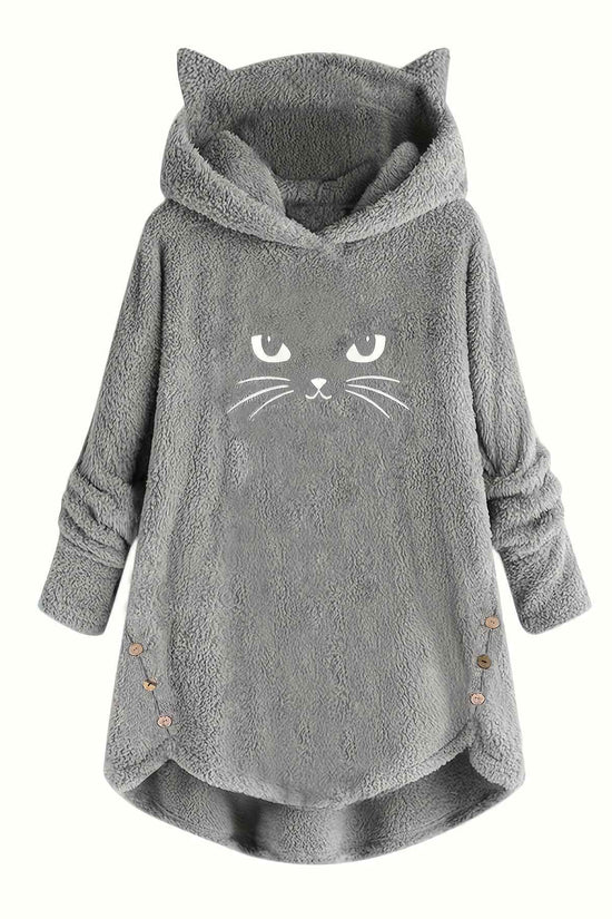 Plus Size, Women's Plus Size Cat Print Button Detail Hem Plush Casual Long Sleeve Hooded Sweatshirt
