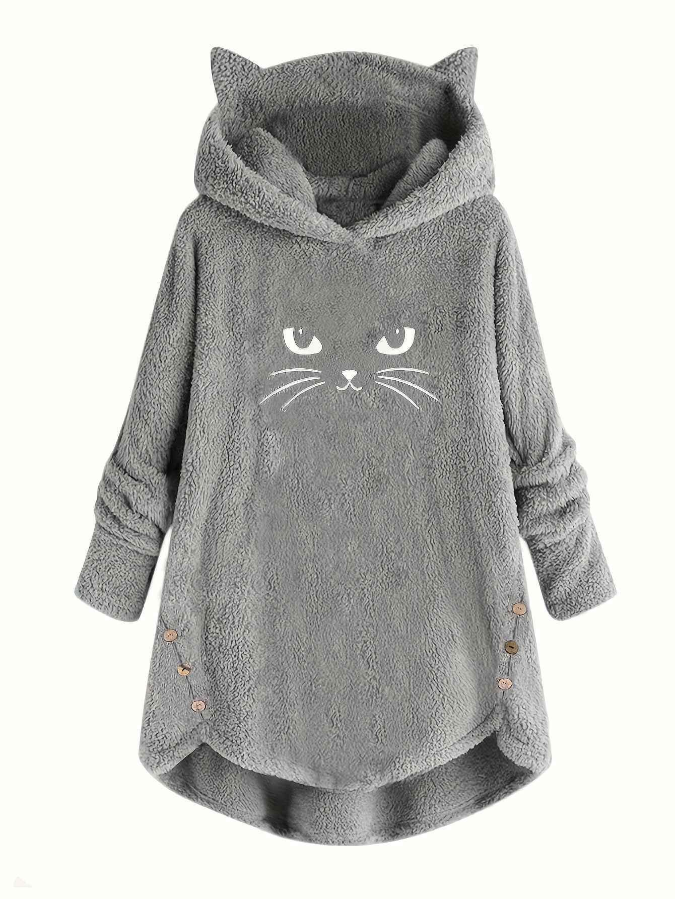 Plus Size, Women's Plus Size Cat Print Button Detail Hem Plush Casual Long Sleeve Hooded Sweatshirt