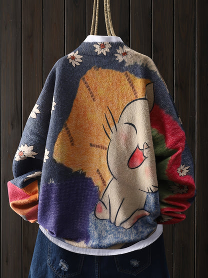 Valentine's Day Women's Mink Sweater - Cat Cartoon, White Flower Pattern, Casual Round Neck Long Sleeve Top SS69