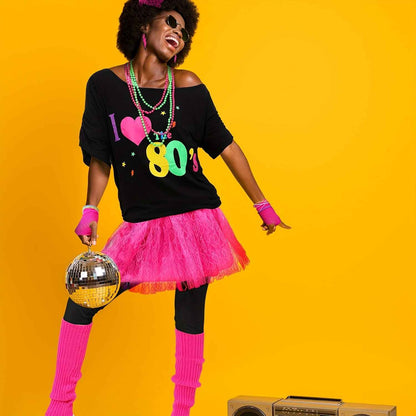 Bracelet Packs 19pcs 80s Costume Set T Shirt Leggings Tutu Skirt Headband Necklace Bracelets Earrings Gloves Leg Warmers For Women (Black Leggings, X-Large)